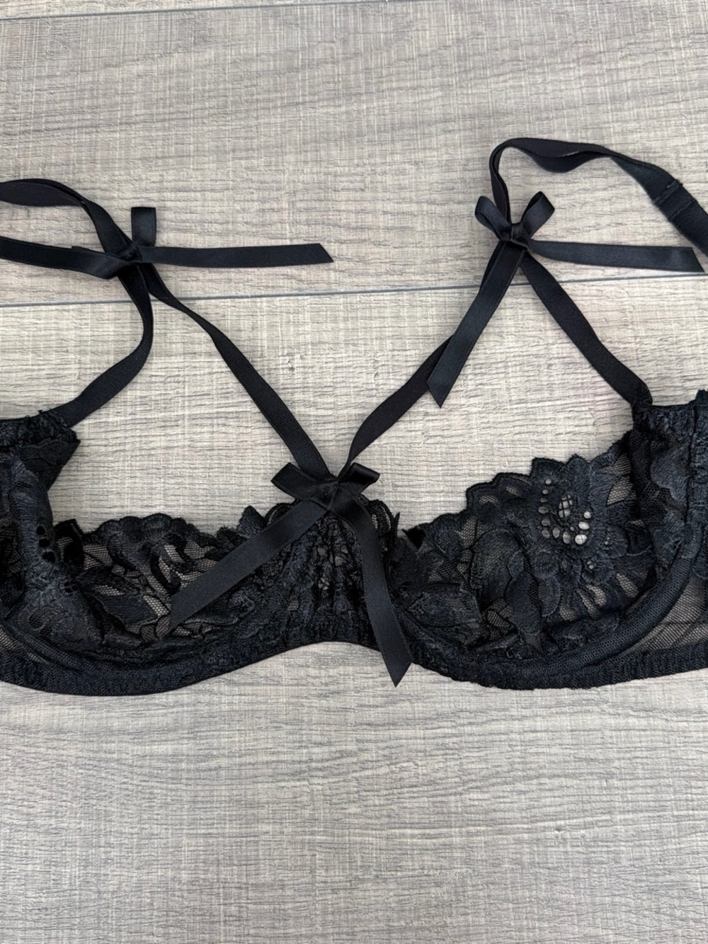 Agent Provocateur Black Sheer Floral Lace Underwire Bra with Ribbon Ties